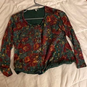 J Jill floral blue red long sleeve button up top